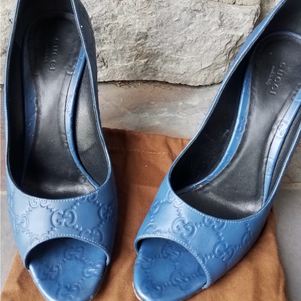 Gucci Embossed Blue Peep-Toe Heels